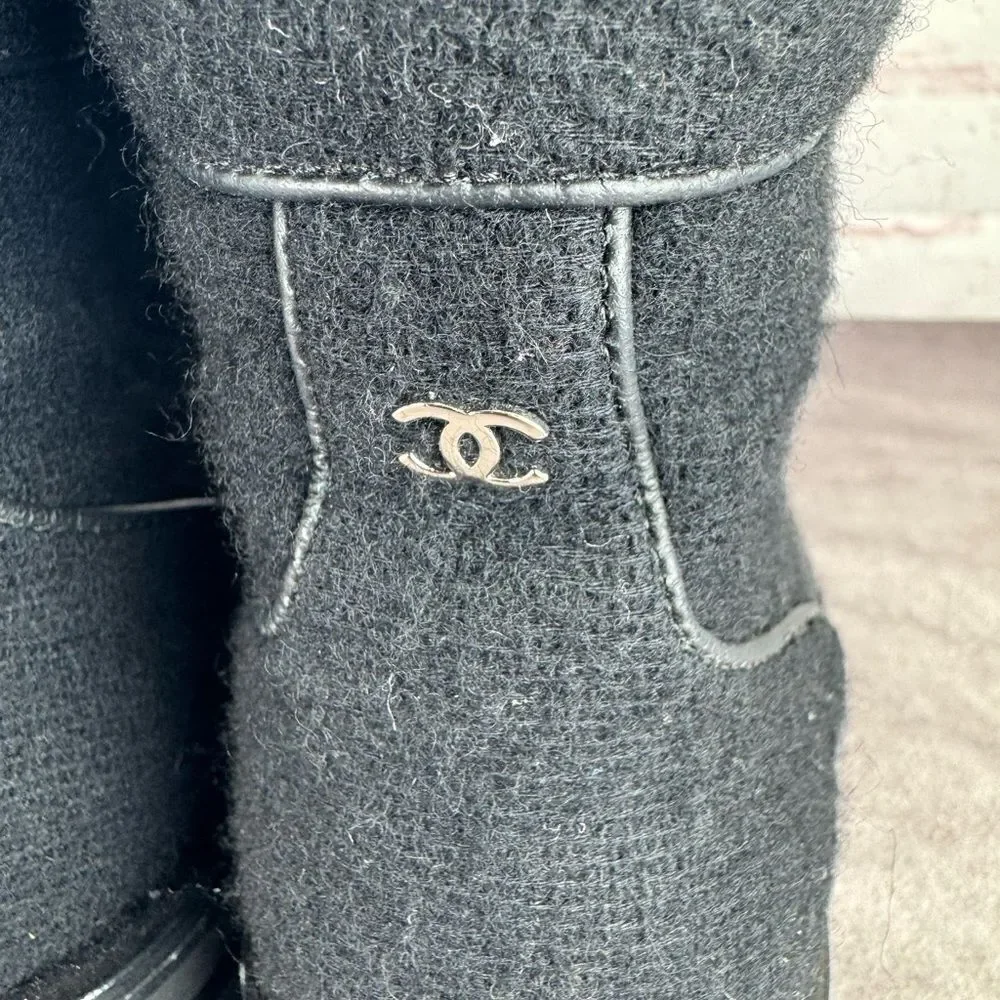 Chanel $1450 Wool Lace Up Black Biker Ankle Boots 9
